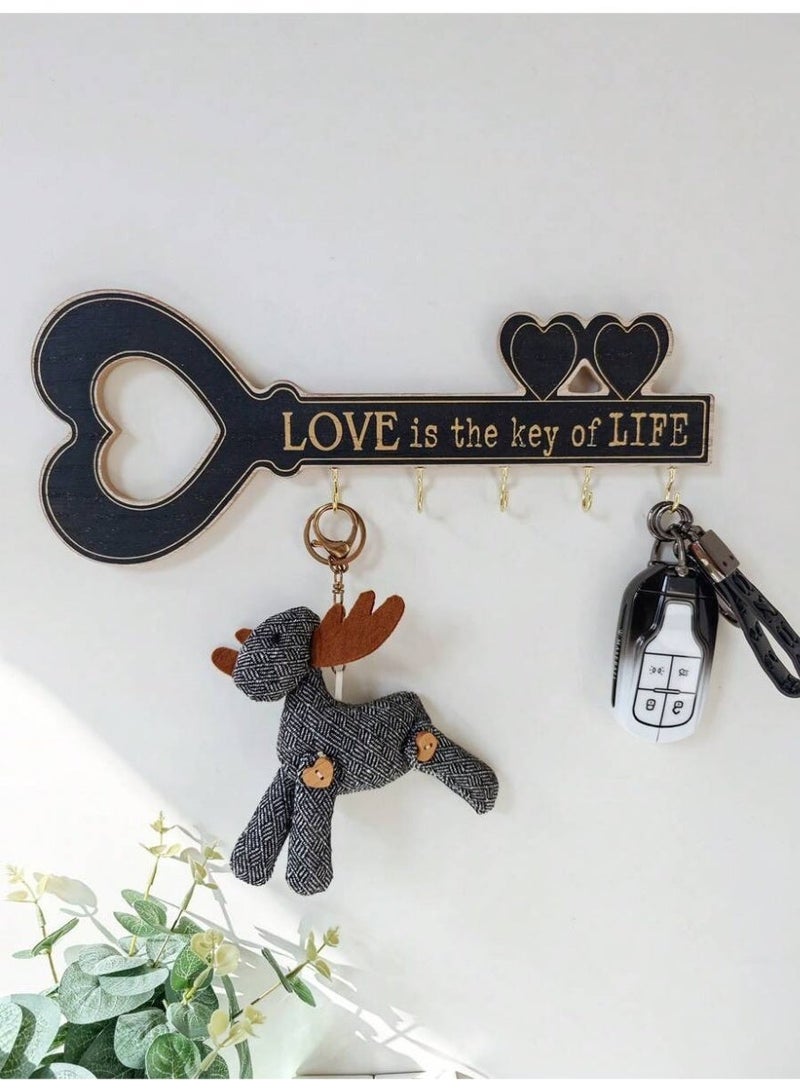 1 Love Is the Key of Life Wall Key Holder – Wooden Key-Shaped Wall Decor with Hooks – Rustic Home Entryway Key Rack – Romantic House Organizer - Image 3